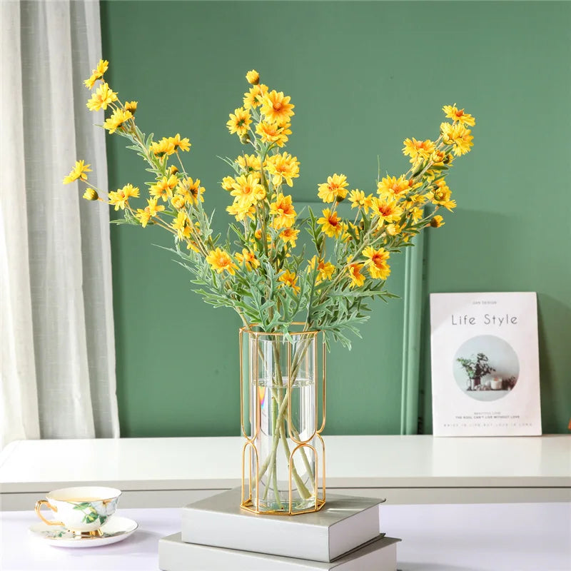 Iron Gold Glass Vase – Elegant Tabletop Decoration for Dried & Hydroponic Flowers