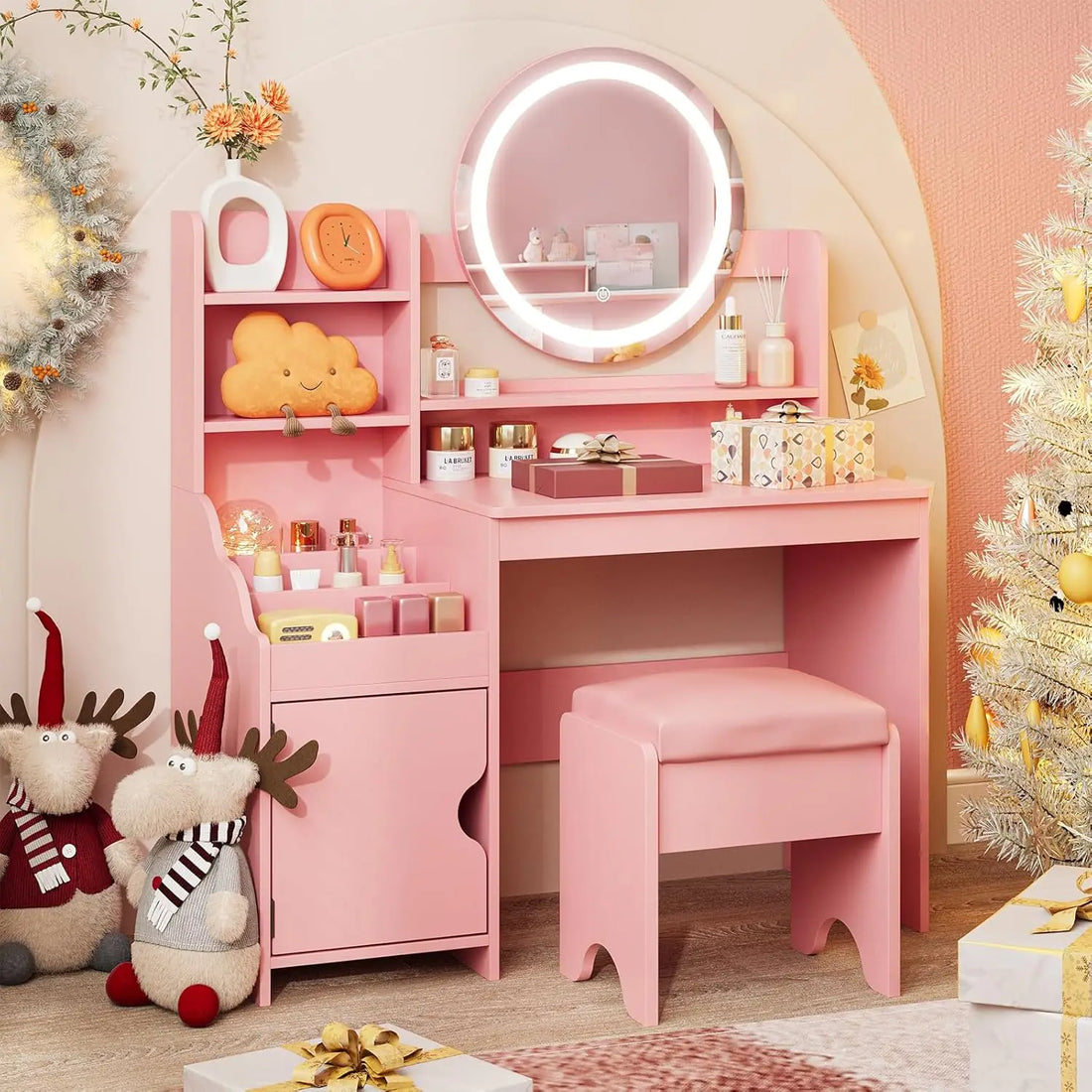 Vabches Kids Vanity Desk with Lights – Pink Makeup Vanity Table with Mirror, Storage Cabinet, Shelves & Chair for Girls