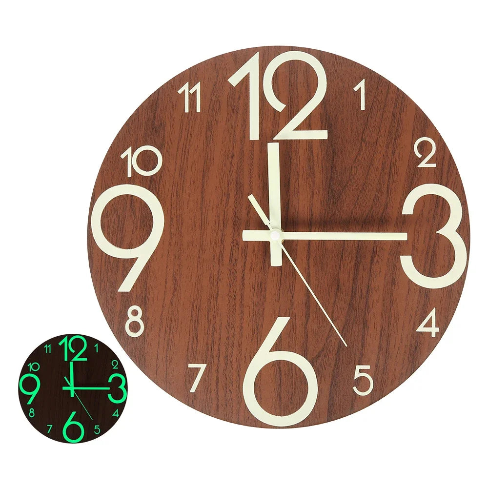 New Wooden Wall Clock with Luminous Numbers – Quiet Modern Decorative Clock for Living Room