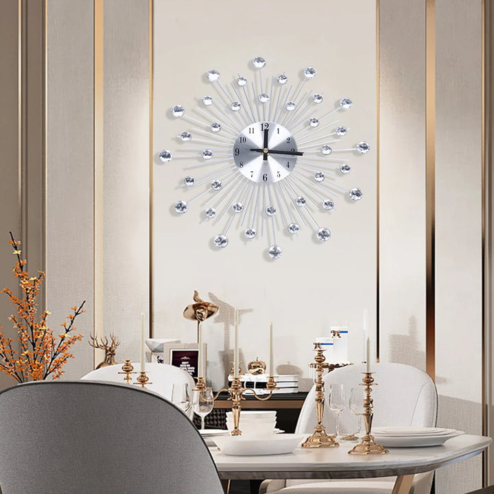 Silver Color Wall Clock – Modern Big Crystal Non-Ticking Quiet Wall Clock for Living Room, Kitchen, and Office Décor