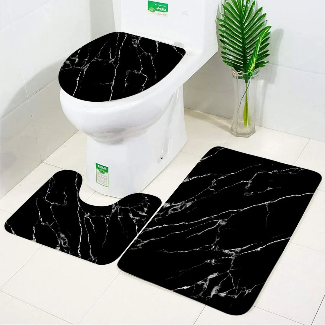 3pcs Set Black Marble Bath Mat – Non-Slip Absorbent Bathroom Rugs with Toilet Lid Cover