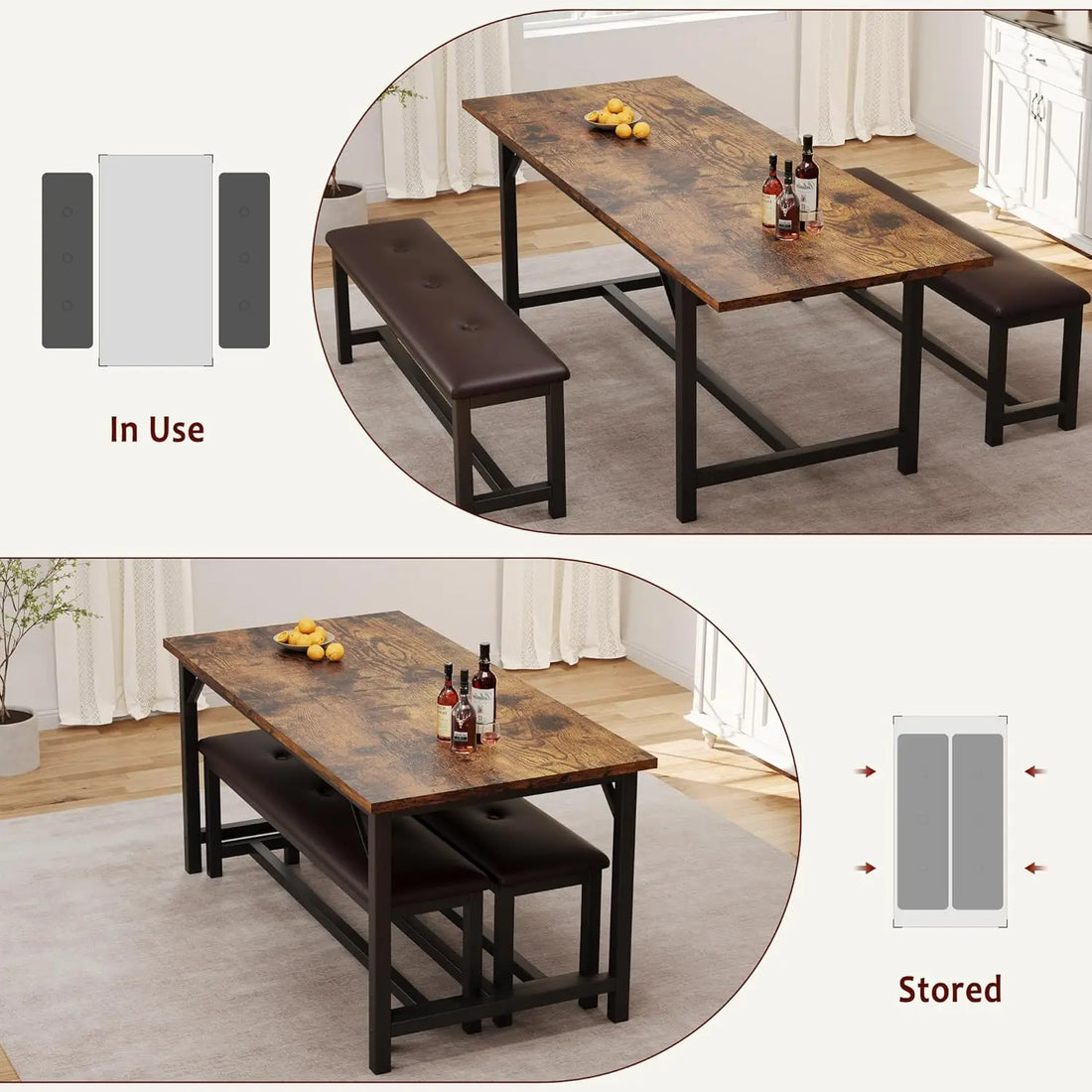 63" Extendable Dining Table Set for 4-6 – Space-Saving with Upholstered Benches