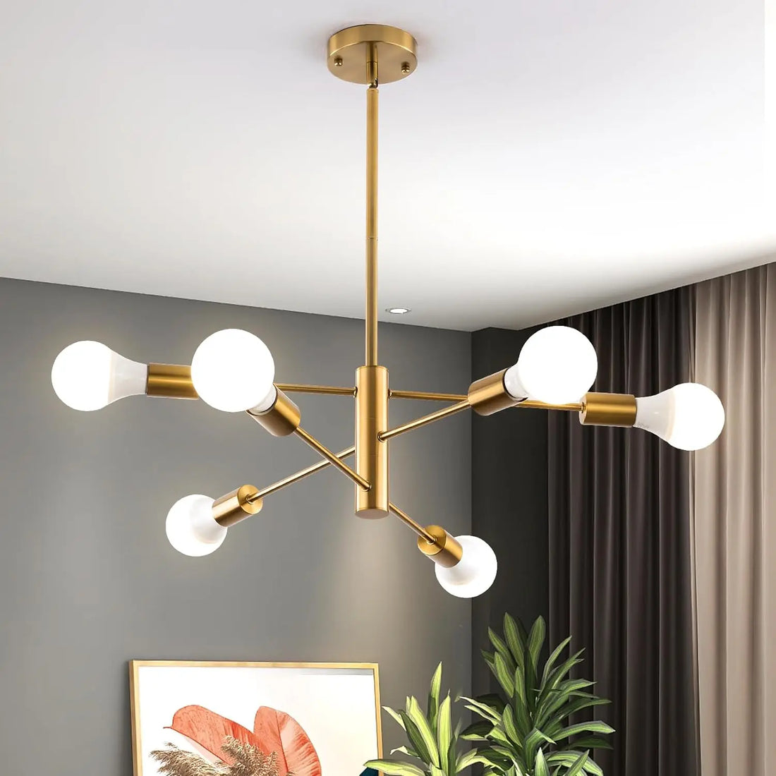 Sputnik Chandelier – Gold Modern Industrial 6-Light Mid-Century Ceiling Lighting Fixture