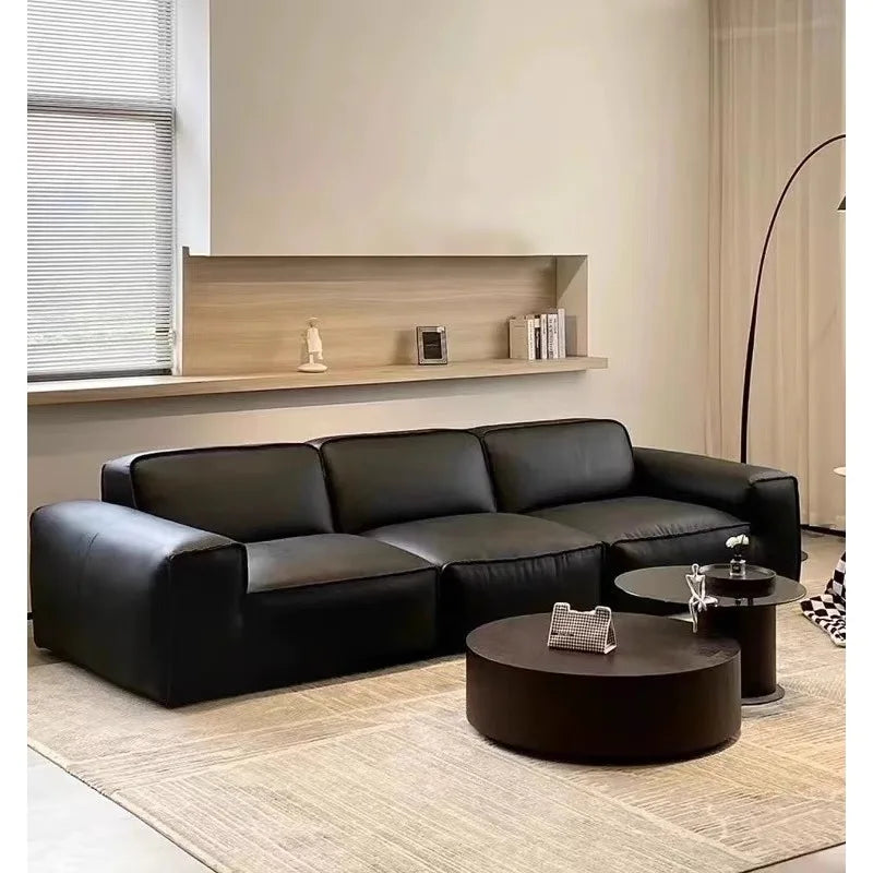 Italian Minimalist Leather Sofa with Tofu Block Design – Summer Black Sofa