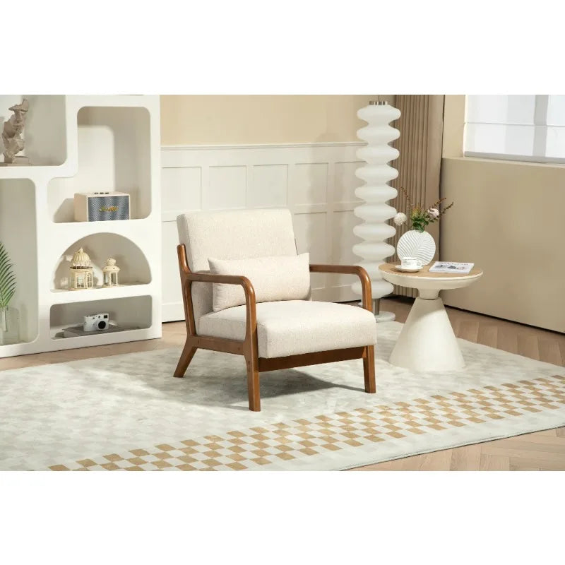 Wood Arm Accent Chair – Modern Style Beige Armchair with Removable Pillow