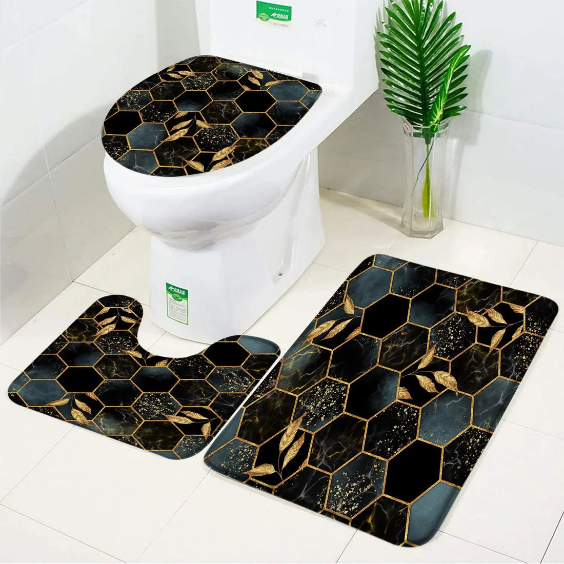 3pcs Set Black Marble Bath Mat – Non-Slip Absorbent Bathroom Rugs with Toilet Lid Cover