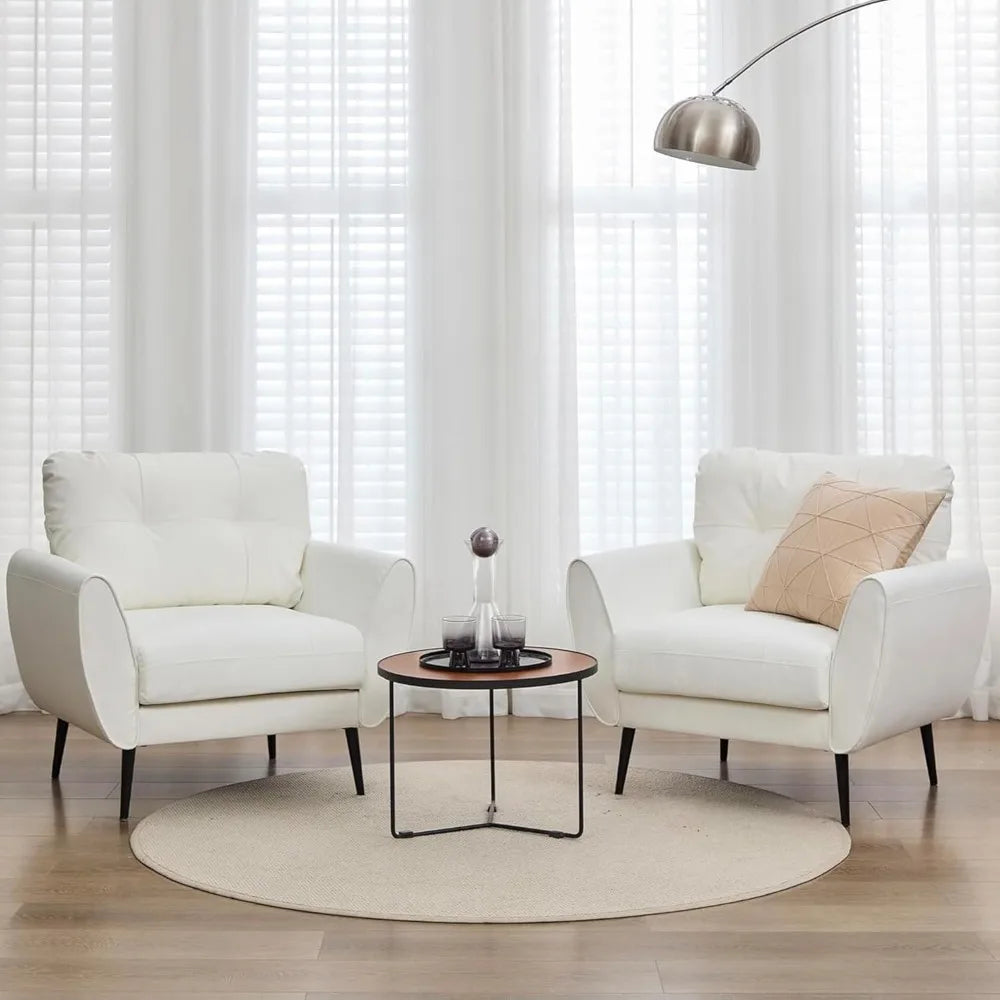 Accent Chairs Set of 2 – White Faux Leather Modern Living Room Chairs