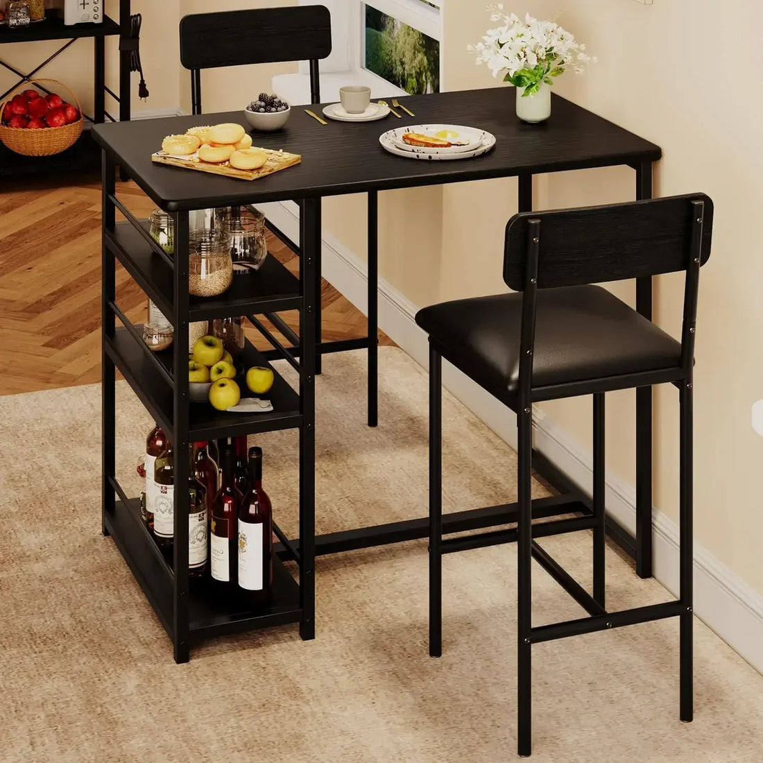 Dining Table Set for 2 – Counter Height Table with Upholstered Chairs and Storage Shelves