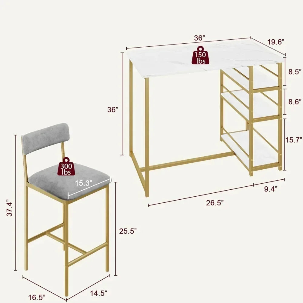 Dining Table Set for 2 – Counter Height Table with Upholstered Chairs and Storage Shelves