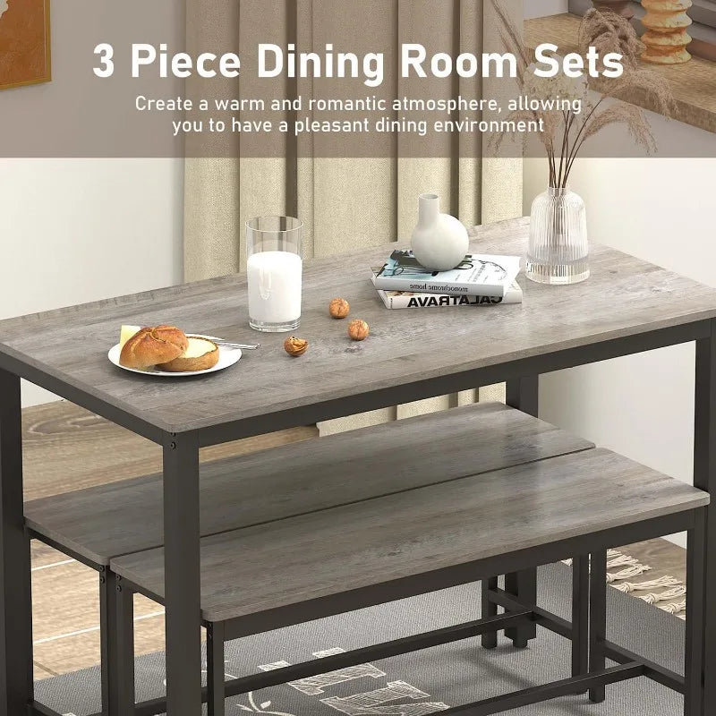 2025 Grey Dining Table Set for 4 – 3-Piece Kitchen Table with 2 Benches