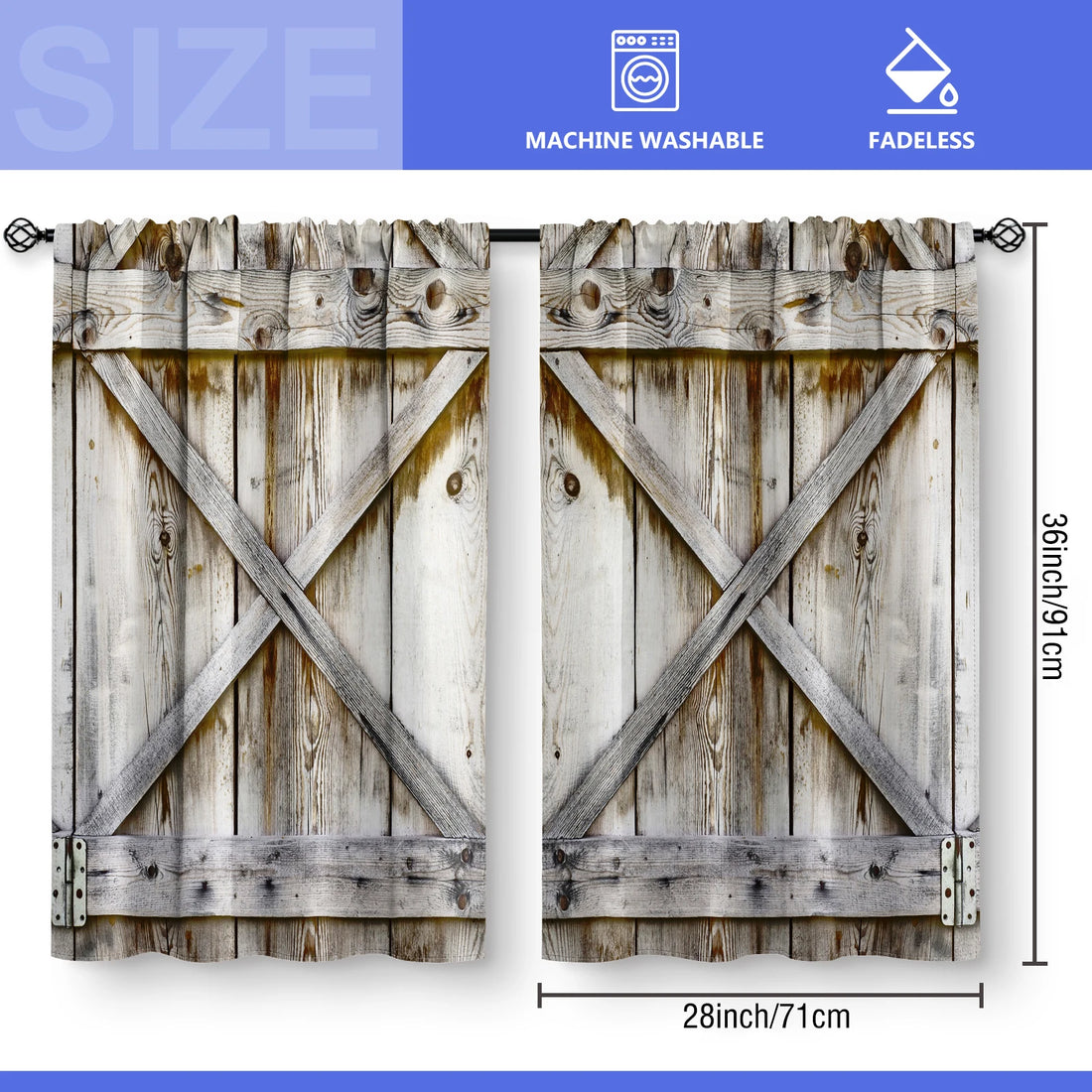 2 Panel Farmhouse Country Wood Kitchen Curtains – Wooden Barn Door Vintage Short Tier Curtains