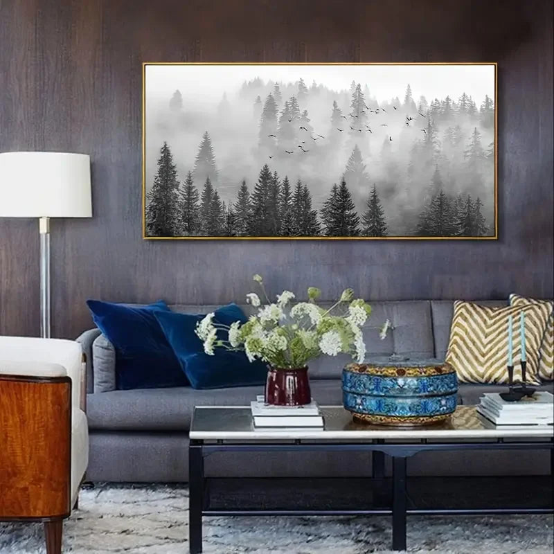 Majestic Foggy Forest Canvas Wall Art – Monochromatic Elegance for Modern Interiors