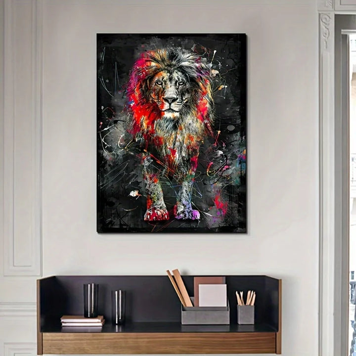 Abstract Graffiti Lion Canvas Painting – Modern Colorful Animal Poster for Home Décor