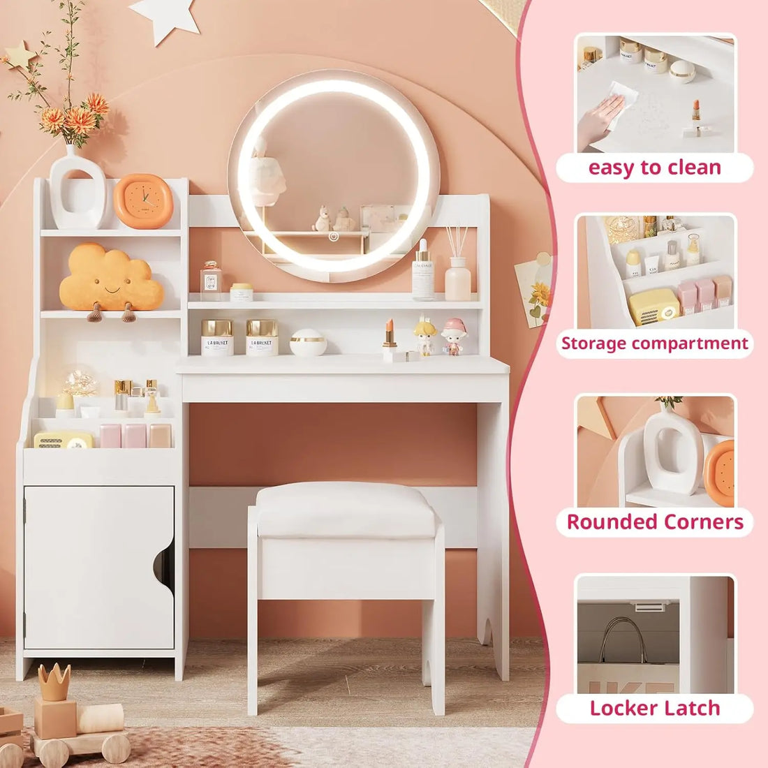 Vabches Kids Vanity Desk with Lights – Pink Makeup Vanity Table with Mirror, Storage Cabinet, Shelves & Chair for Girls