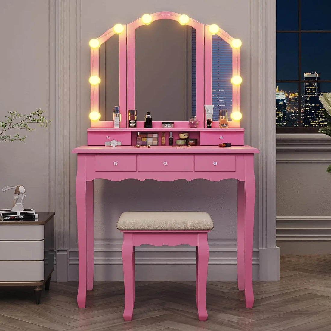 Vanity Desk with Tri-Fold Mirror and Lights – Pink Makeup Vanity Table with 5 Drawers, Hollywood LED Bulbs & Upholstered Stool