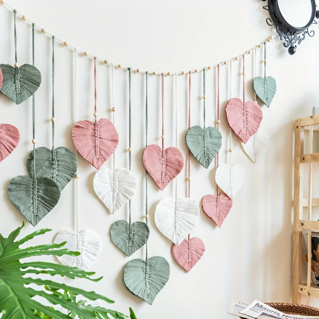 Chic Handwoven Leaf Tapestry with Heart Design – Cotton Blend Wall Hanging for Home Décor