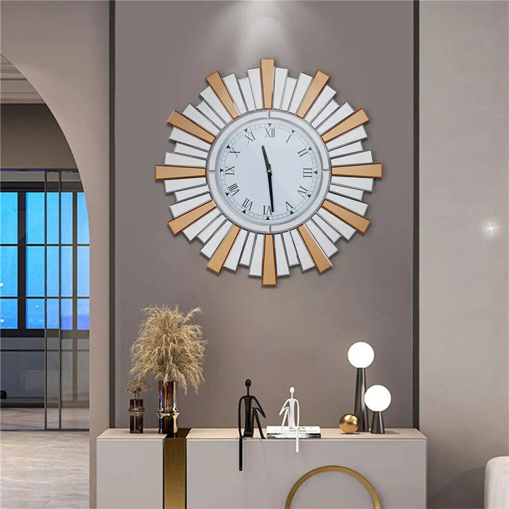 LUVODI Round Art Sunburst Wall Clock – Retro Mirror Roman Numeral Clock for Stylish Home Decor