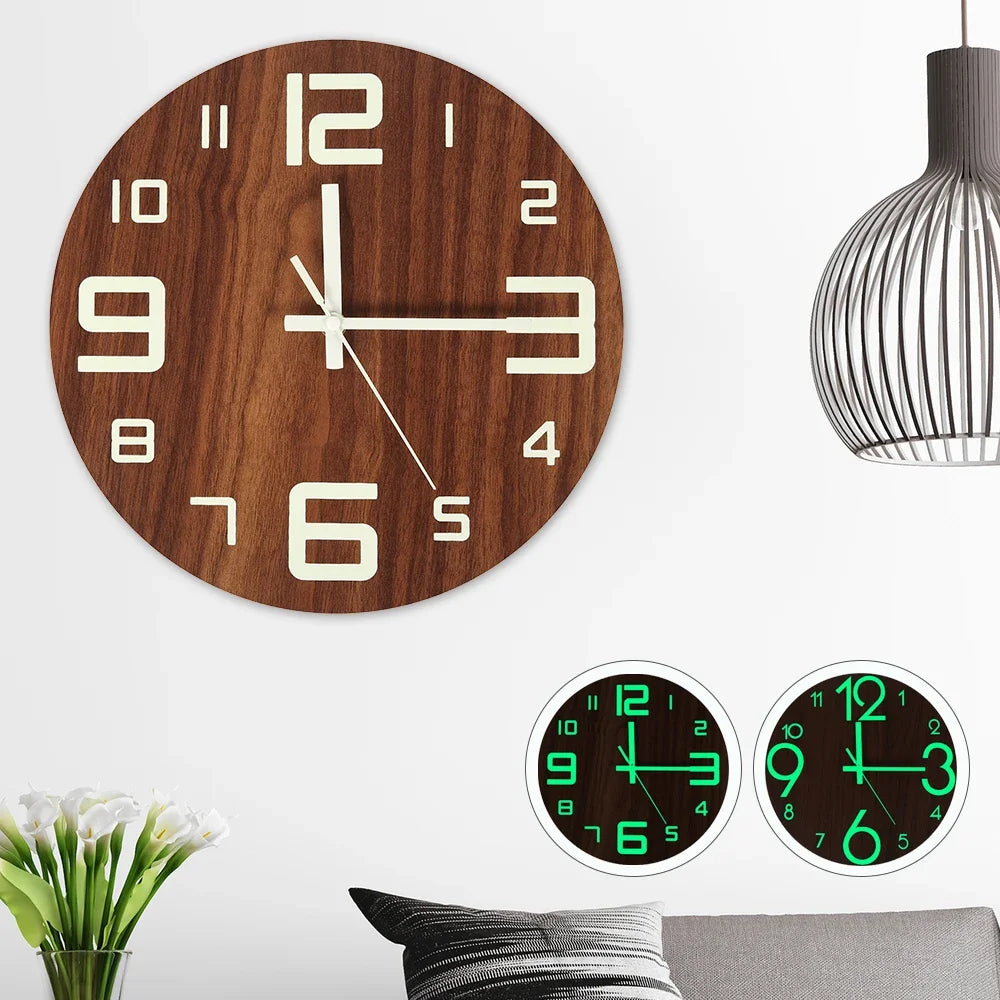 New Wooden Wall Clock with Luminous Numbers – Quiet Modern Decorative Clock for Living Room