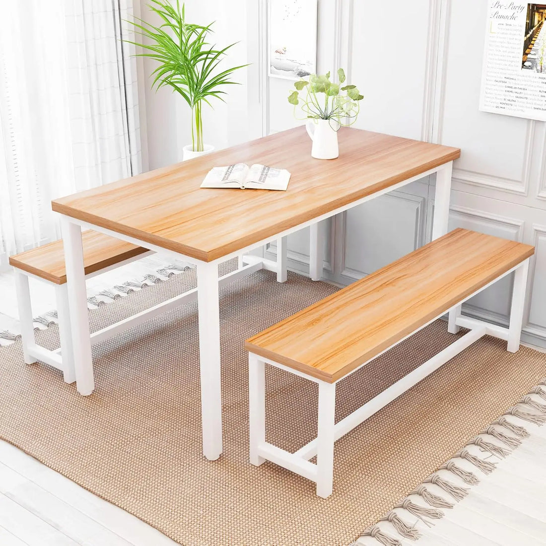 3-Piece Dining Table Set with Benches – Modern Farmhouse Kitchen & Dining Room Set