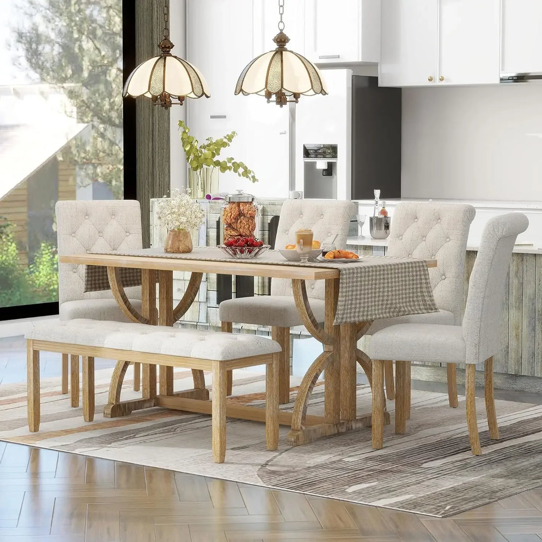 6-Piece Wood Dining Table Set – Retro Rectangular Table with 4 Upholstered Chairs & Bench