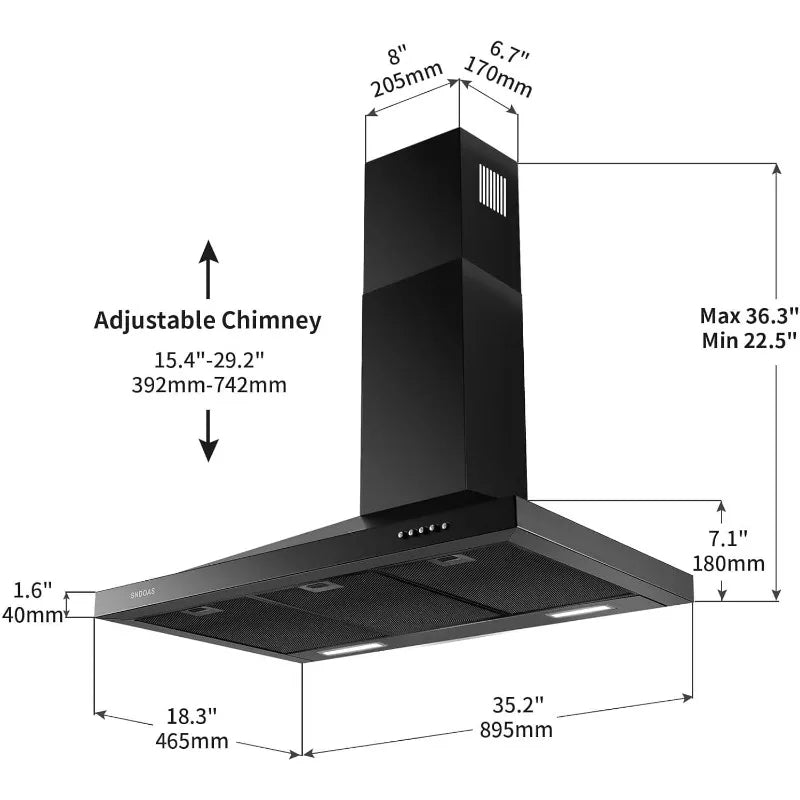 SNDOAS 36-Inch Black Stainless Steel Wall Mount Range Hood – Ducted/Ductless Convertible Kitchen Vent with 3-Speed Fan