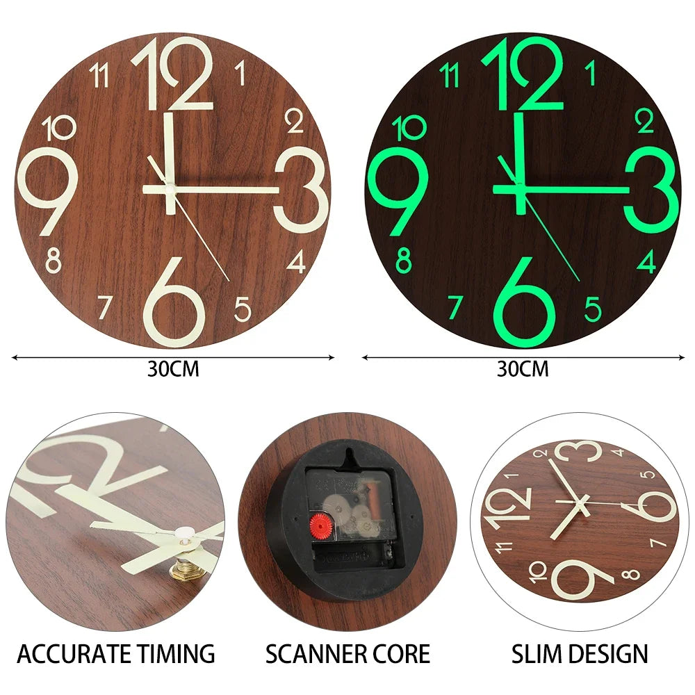 New Wooden Wall Clock with Luminous Numbers – Quiet Modern Decorative Clock for Living Room