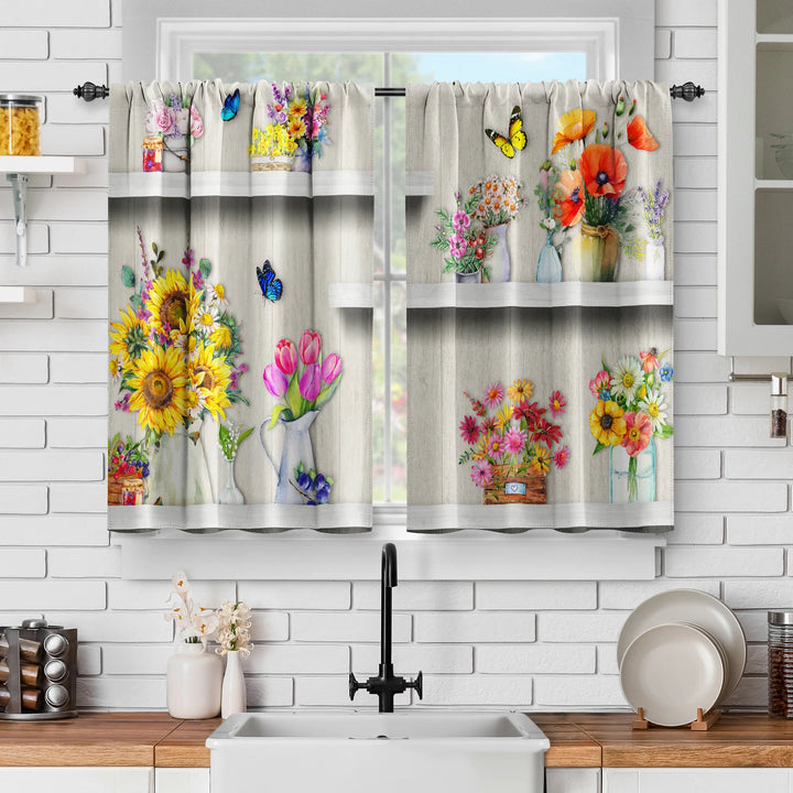 2 Panel Butterfly Flower Kitchen Curtains – Short Sunflower Cafe Curtains for Living Room and Kitchen