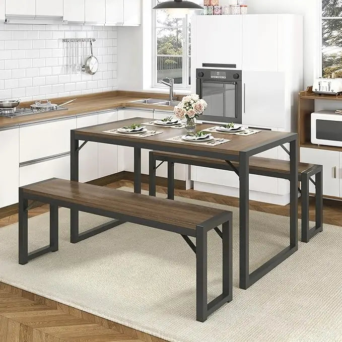 3-Piece Kitchen Dining Table Set with Benches – Space-Saving, Sturdy, and Multifunctional