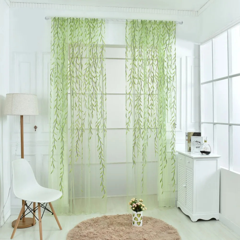 Green Purple Willow Sheer Curtains – Decorative Tulle for Living Room, Kitchen, and Bedroom