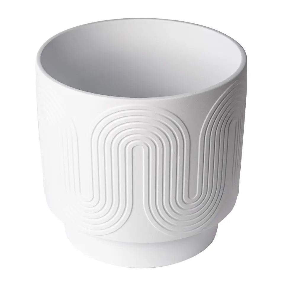 MATE BIRDS 12" White Ceramic Planter – Grooved Wave Design Indoor Flower Pot with Drainage Plug