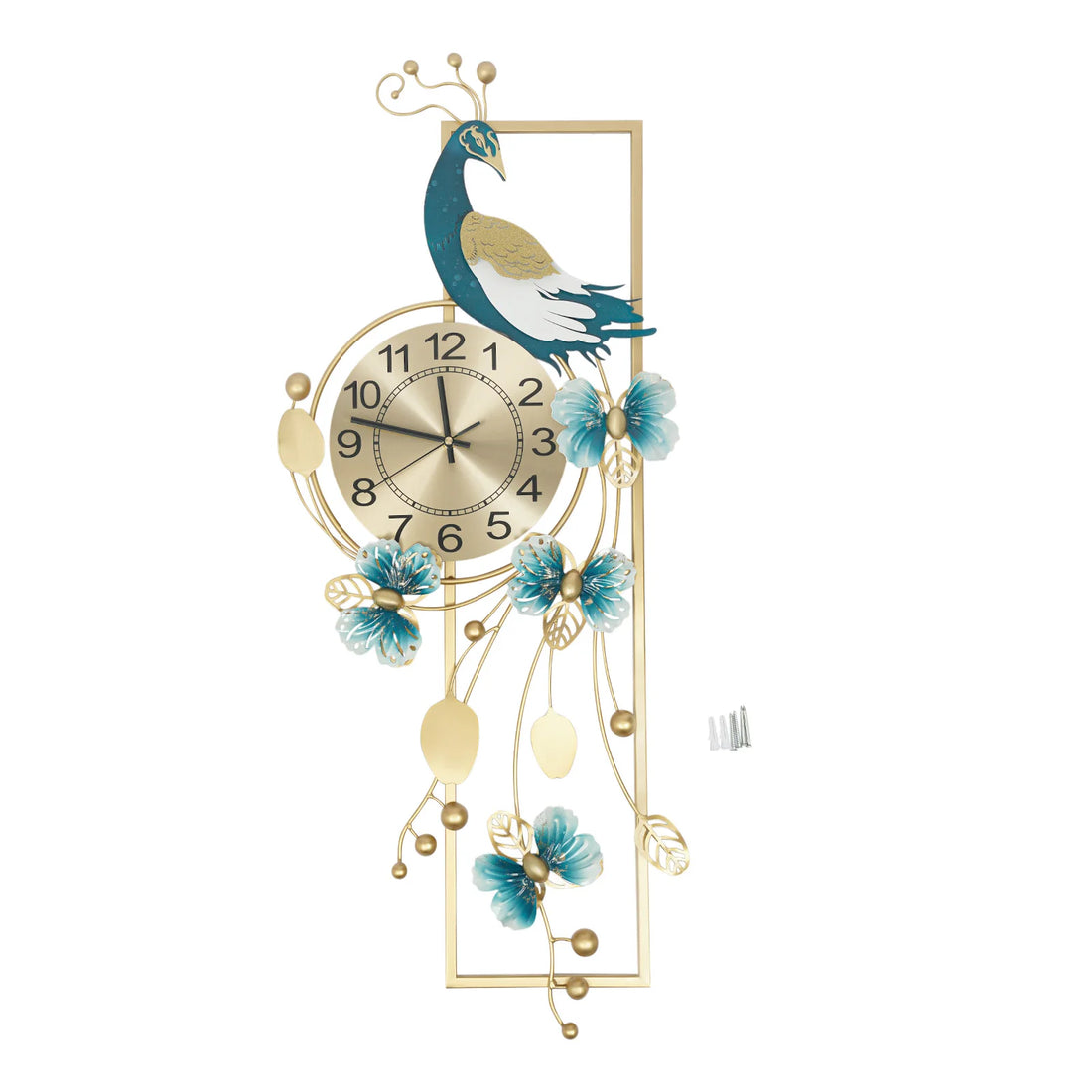 Large Peacock Wall Clock – Gold and Blue Decorative Silent Quartz Wall Clock for Living Room