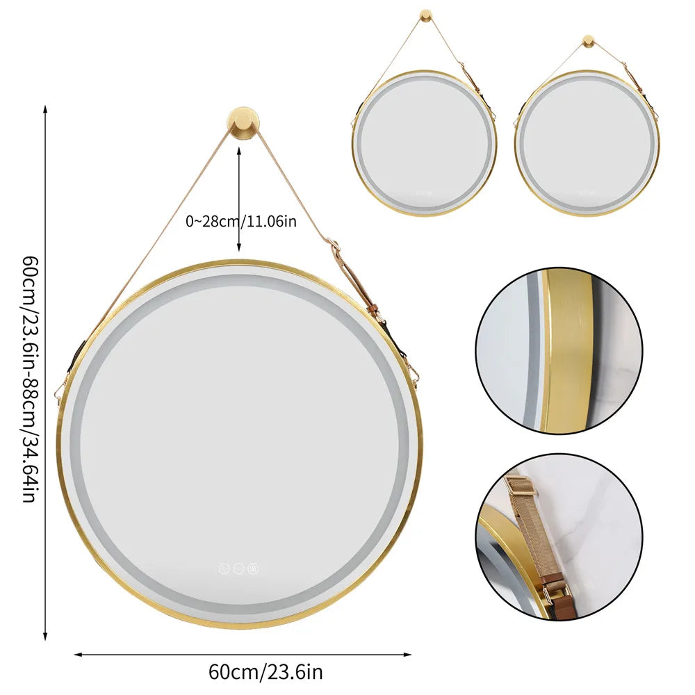 LUVODI Round Dimmable LED Bathroom Mirror – 32” Black & Gold Frame, Fogless, Illuminated Vanity Mirror with Detachable Rope