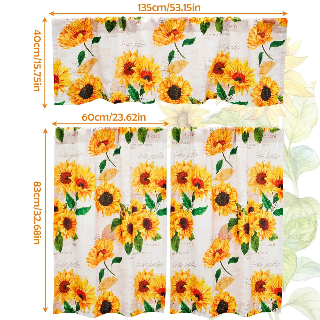 3Pcs Sunflower Valance and Tier Curtains – Light Filtering Kitchen Curtain Set with Wide Rod Pocket