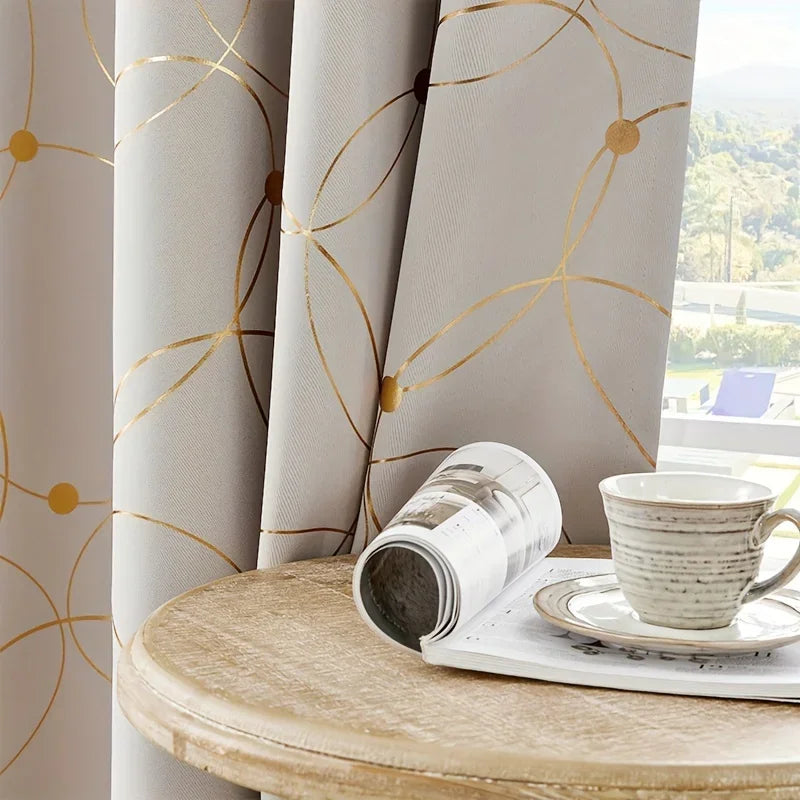 2Pcs Golden Wave & Circle Blackout Curtains – Thermal Insulated Light Filtering Drapes