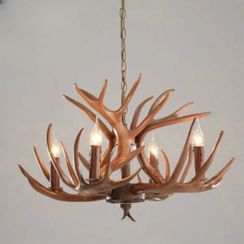 Retro Deer Antler Chandelier – Resin Pendant Lighting for Restaurants, Living Rooms, and Coffee Shops