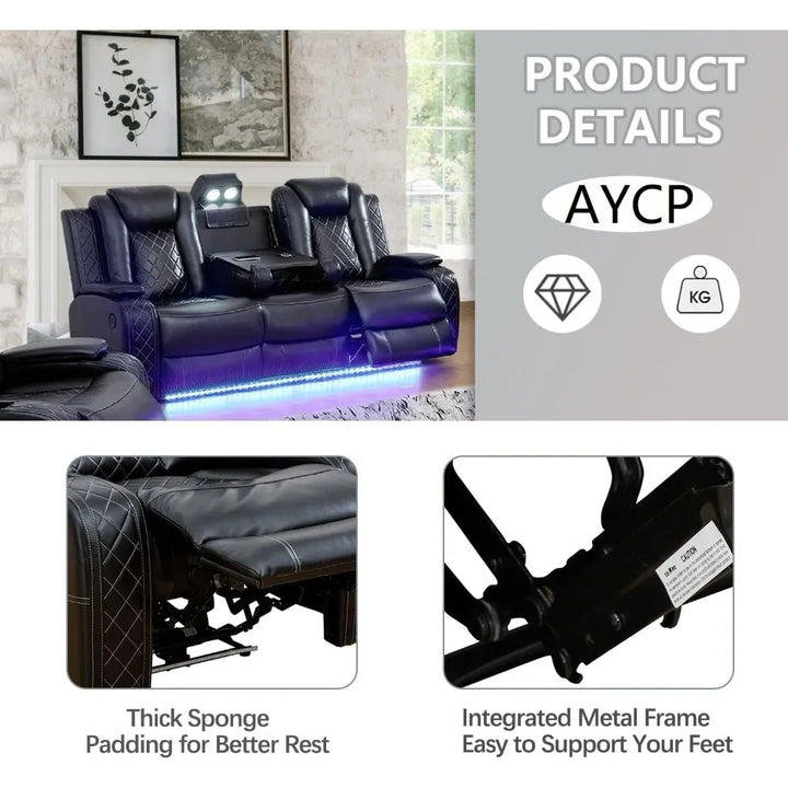 Leather Recliner Sofa Set with LED Lights