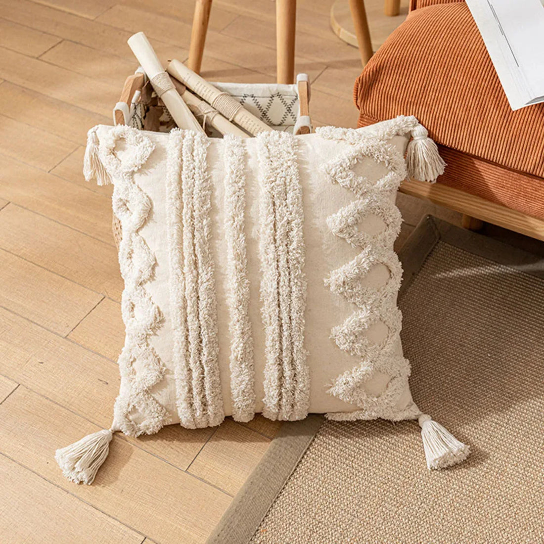 Handmade Beige & White Tassel Decorative Cushion Cover – Boho-Inspired Sofa Pillow Case (45x45cm / 30x50cm)