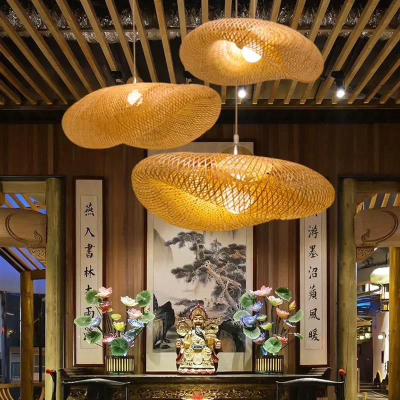 Chinese Style Bamboo Chandelier – Hand-Knitted Pendant Lamp for Cafeteria and Living Room Décor