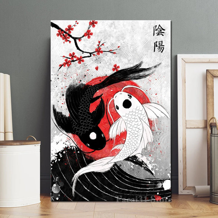 Japanese Yin Yang Koi Fish Canvas Painting – Modern Wall Art for Home Decoration