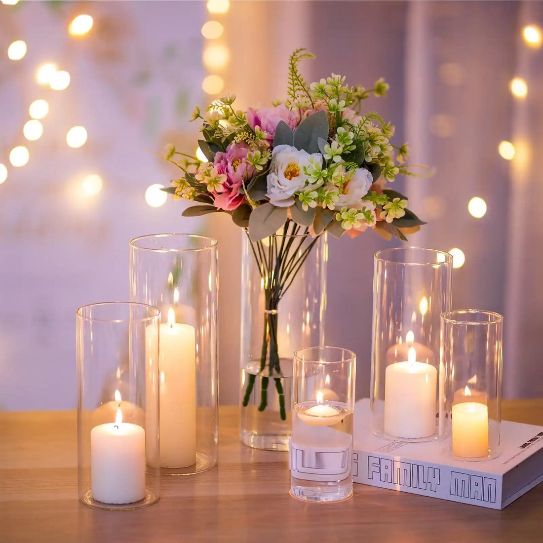 Set of 3 Clear Glass Cylinder Vases – Elegant Flower Vases & Hurricane Candle Holders for Wedding & Table Centerpieces