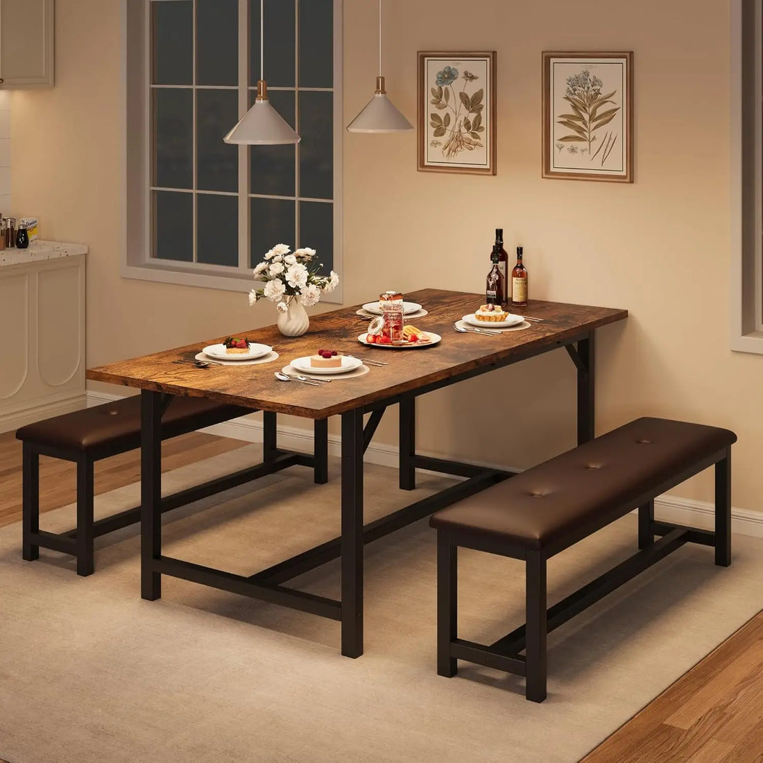 63" Extendable Dining Table Set for 4-6 – Space-Saving with Upholstered Benches