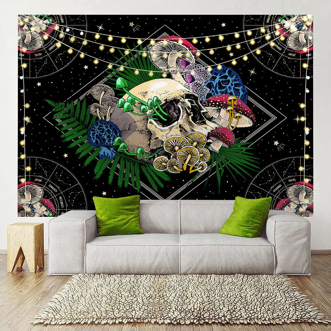 Large Skull Tapestry with Colorful Mushroom Design – Starry Aesthetic Wall Hanging