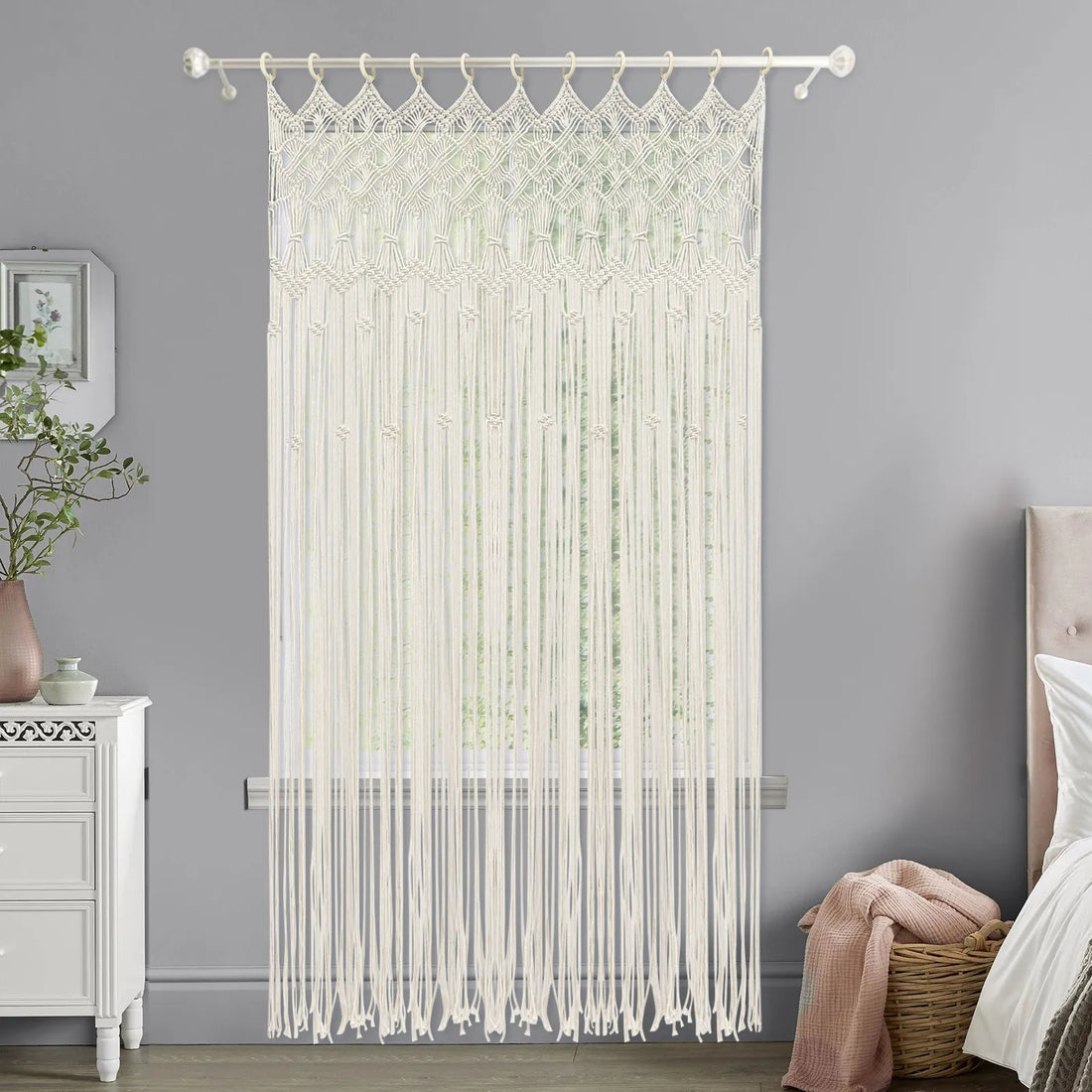 White Macrame Wall Hanging Curtain – Boho Style Handmade Tapestry for Home Decor and Weddings