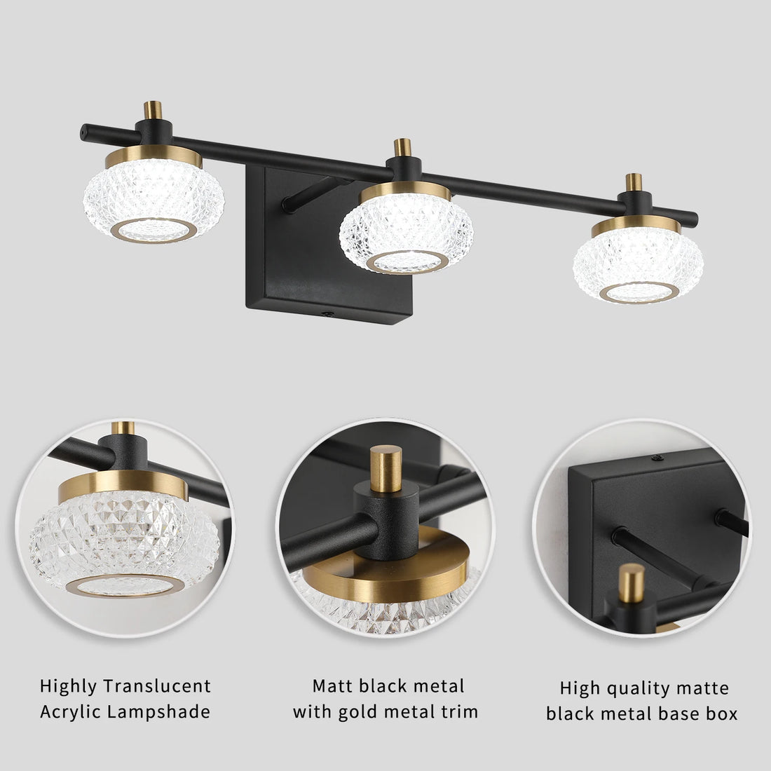 19-Inch Black and Gold LED Dimmable Vanity Light - Modern Bathroom Wall Light Fixture with Clear Acrylic Shade