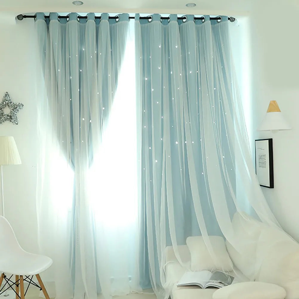 Bright Double Layer Blackout Star Hollow Curtains with Lace Tulle – Elegant Window Decor for Living Room & Bedroom