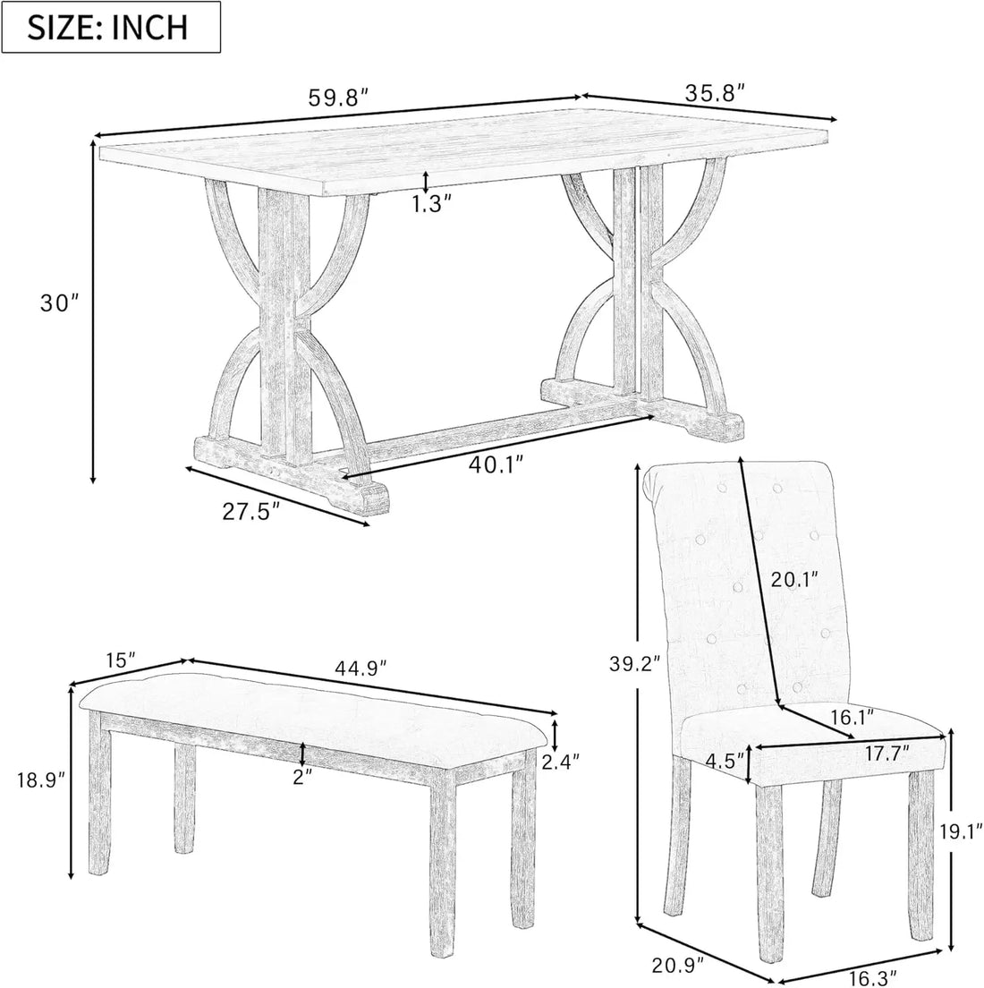 6-Piece Wood Dining Table Set – Retro Rectangular Table with 4 Upholstered Chairs & Bench