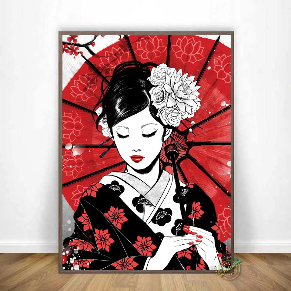 Japan Samurai Geisha Panda Koi Fish Yin Yang Canvas Wall Art – Modern Decorative Home Decor