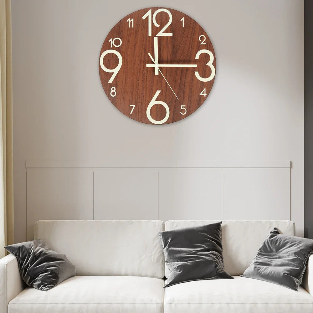 New Wooden Wall Clock with Luminous Numbers – Quiet Modern Decorative Clock for Living Room