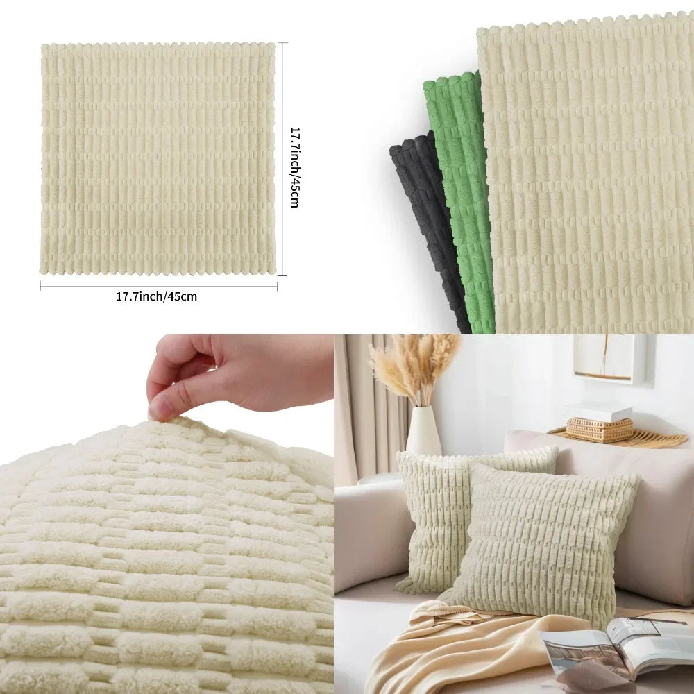 Set of 2 Nordic Plush Striped Corduroy Throw Pillow Covers – 45CM Soft Square Cushion Covers for Couch, Bed & Sofa