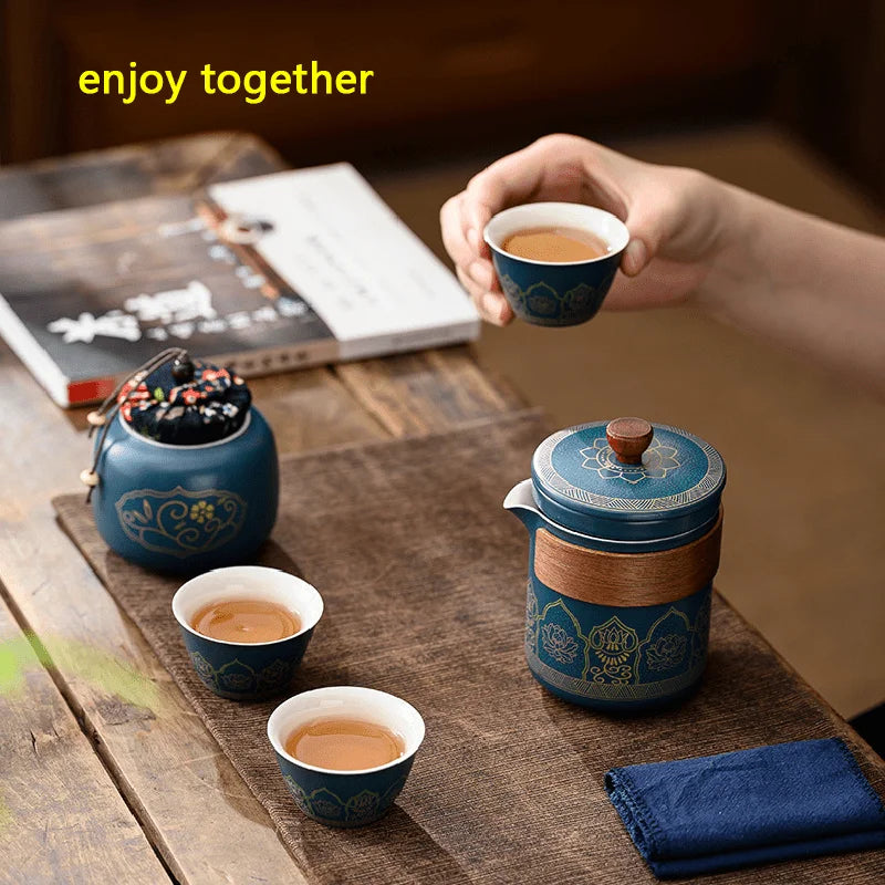 Portable Ceramic Tea Set with Leather Case – 5-Piece Japanese Kung Fu Tea Set